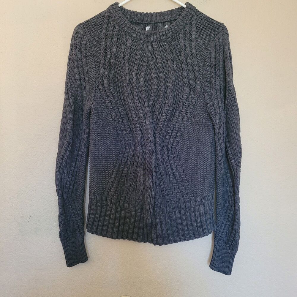 Womens Cable Knit Fisherman Sweater Size Small Gray 100% Cotton Crew Neck Chunky